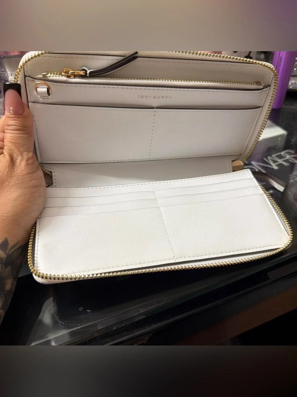 Tory Burch White Perforated Zip wallet with Gold Logo